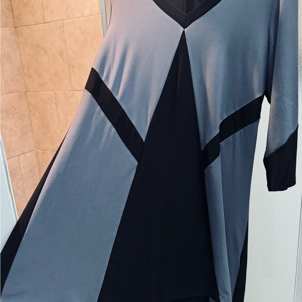 Gray and Black Midi Dress with Cuffed 3/4 Sleeves